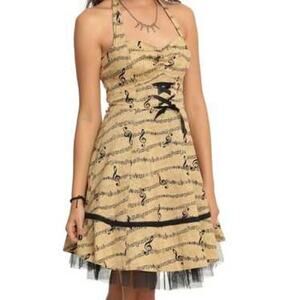 Hot Topic Fitted Musical Note Print Halter Dress – Gothic Corset Detail[XS]